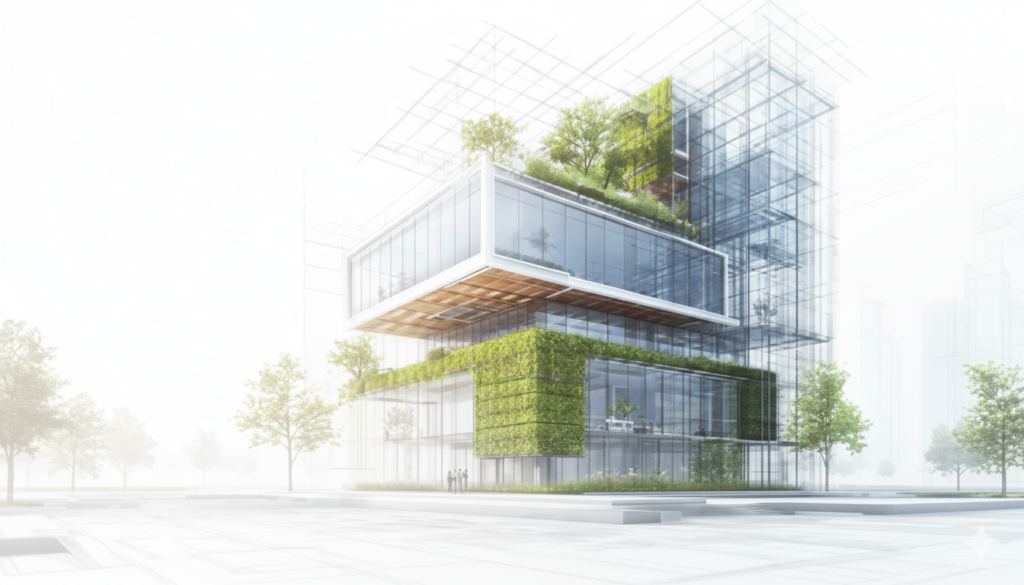 Architectural sketch of a house being built